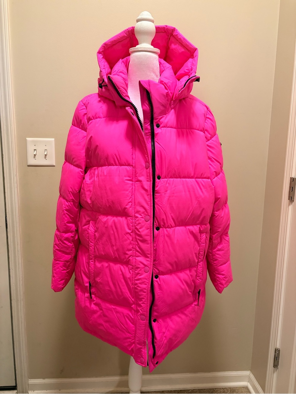 BCBG Hot Pink Quilted Puffer Coat with Hood